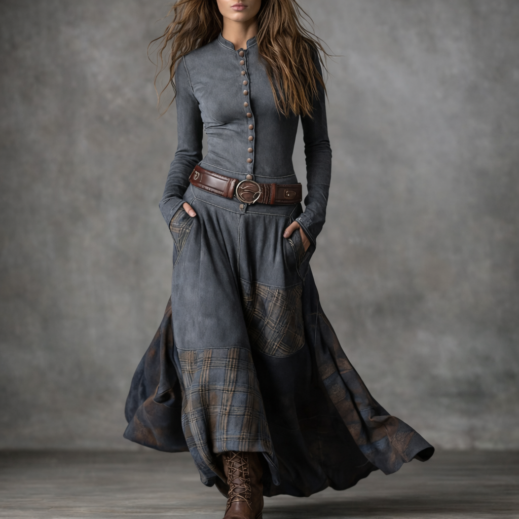 Elira™ Vintage Long Suede Checkered Dress (with Belt)