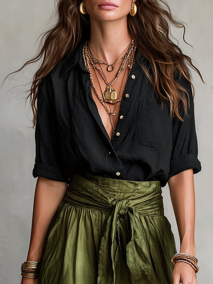 Yvette™ Two-Piece Set: Black Top and Olive Green Midi Skirt