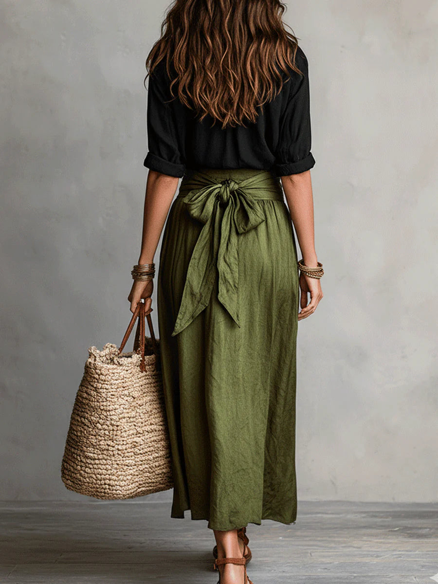 Yvette™ Two-Piece Set: Black Top and Olive Green Midi Skirt
