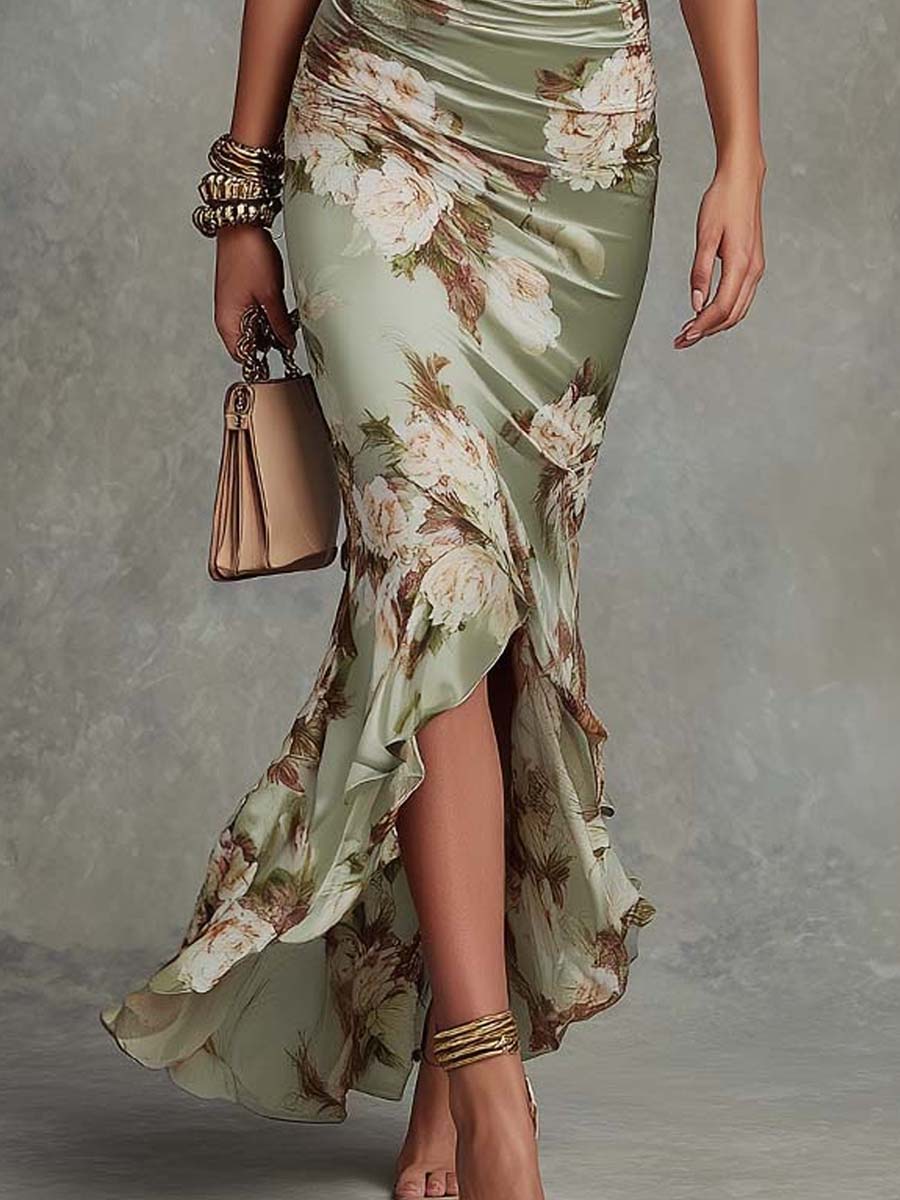 Virae™ Satin Midi Dress with Floral Print and V-Neck