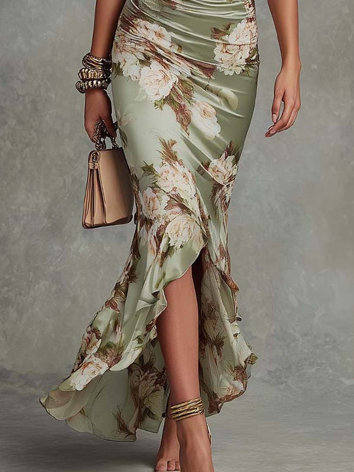 Virae™ Satin Midi Dress with Floral Print and V-Neck