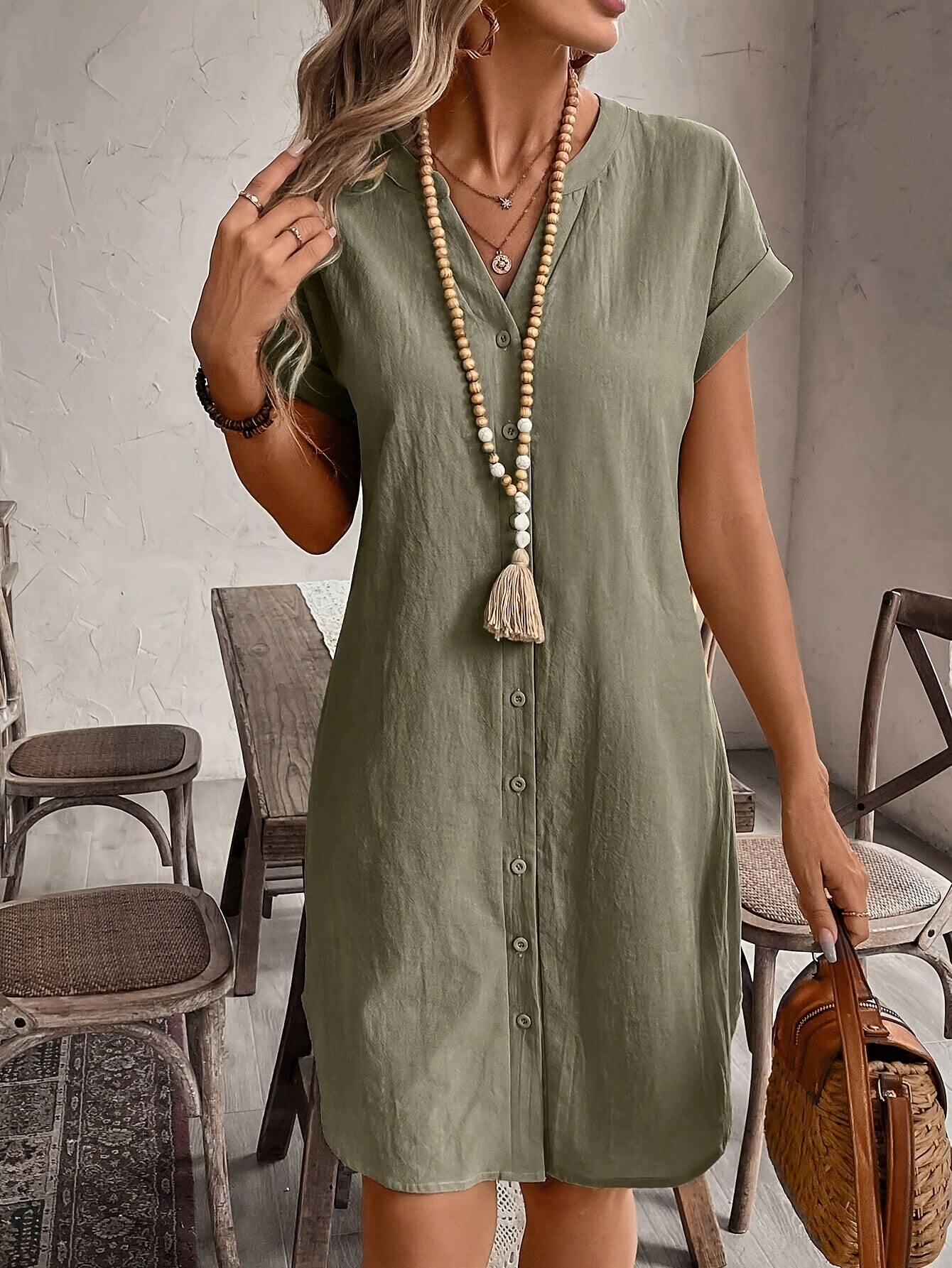 Celine™ Casual Loose Dress with V-Neck and Buttons