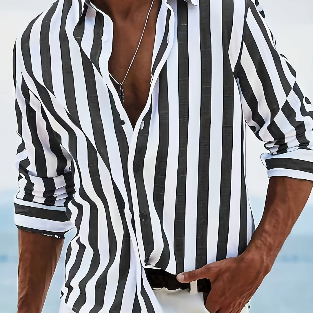 Kervik™ Long Sleeve Tropical Shirt for Men with Stripes and Classic Collar