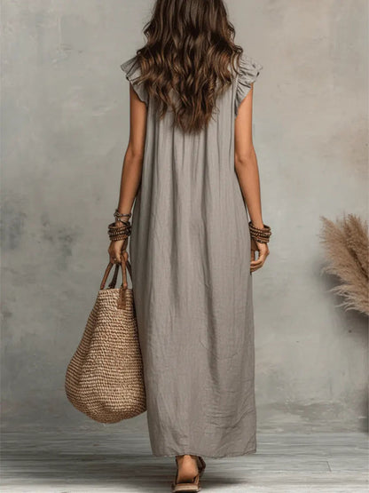 Hadira™ Casual Cotton and Linen Dress with Ruffles and Artistic Style
