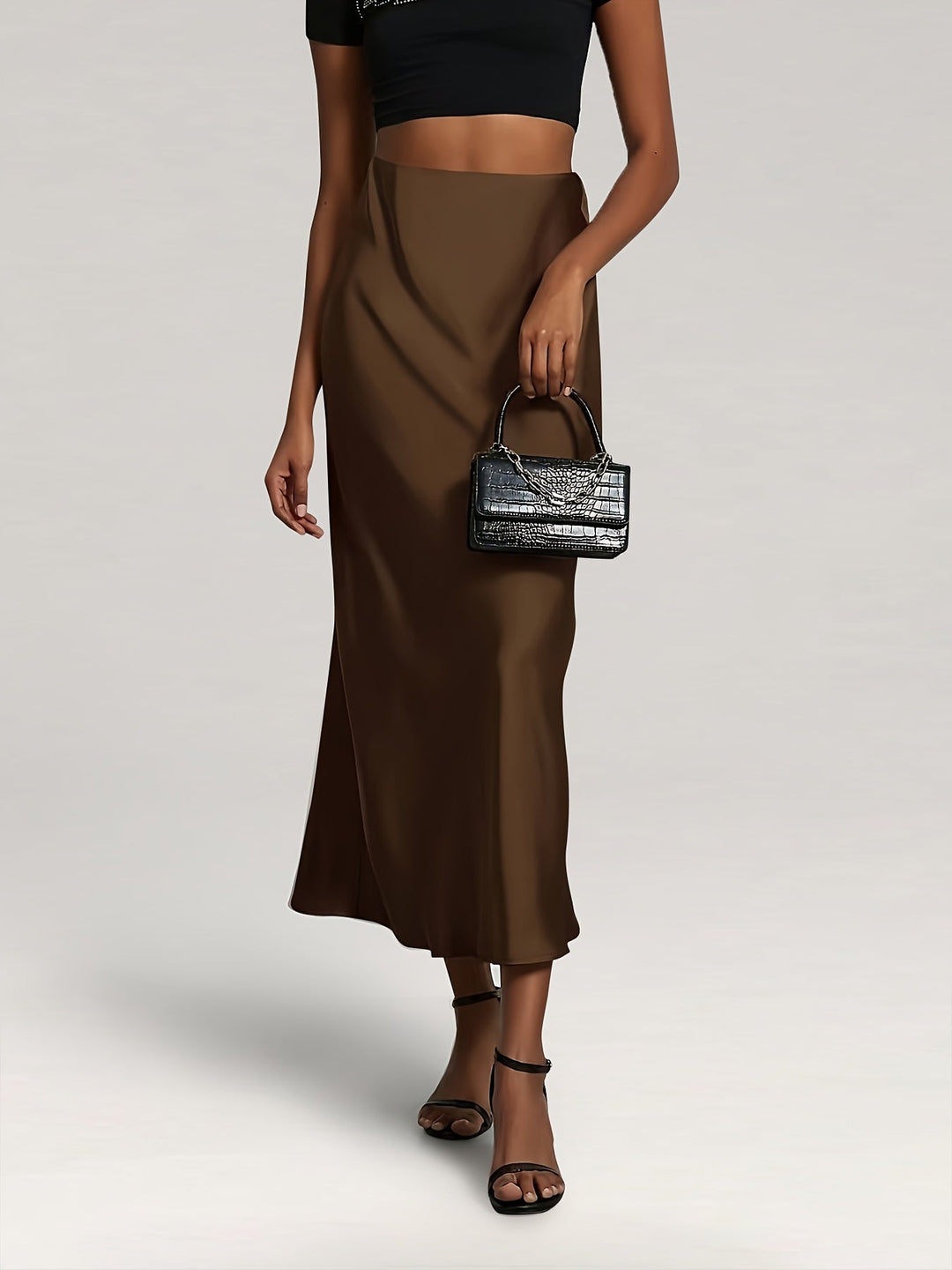Greya™ High-Waisted Satin Midi Skirt with Elegant Fall