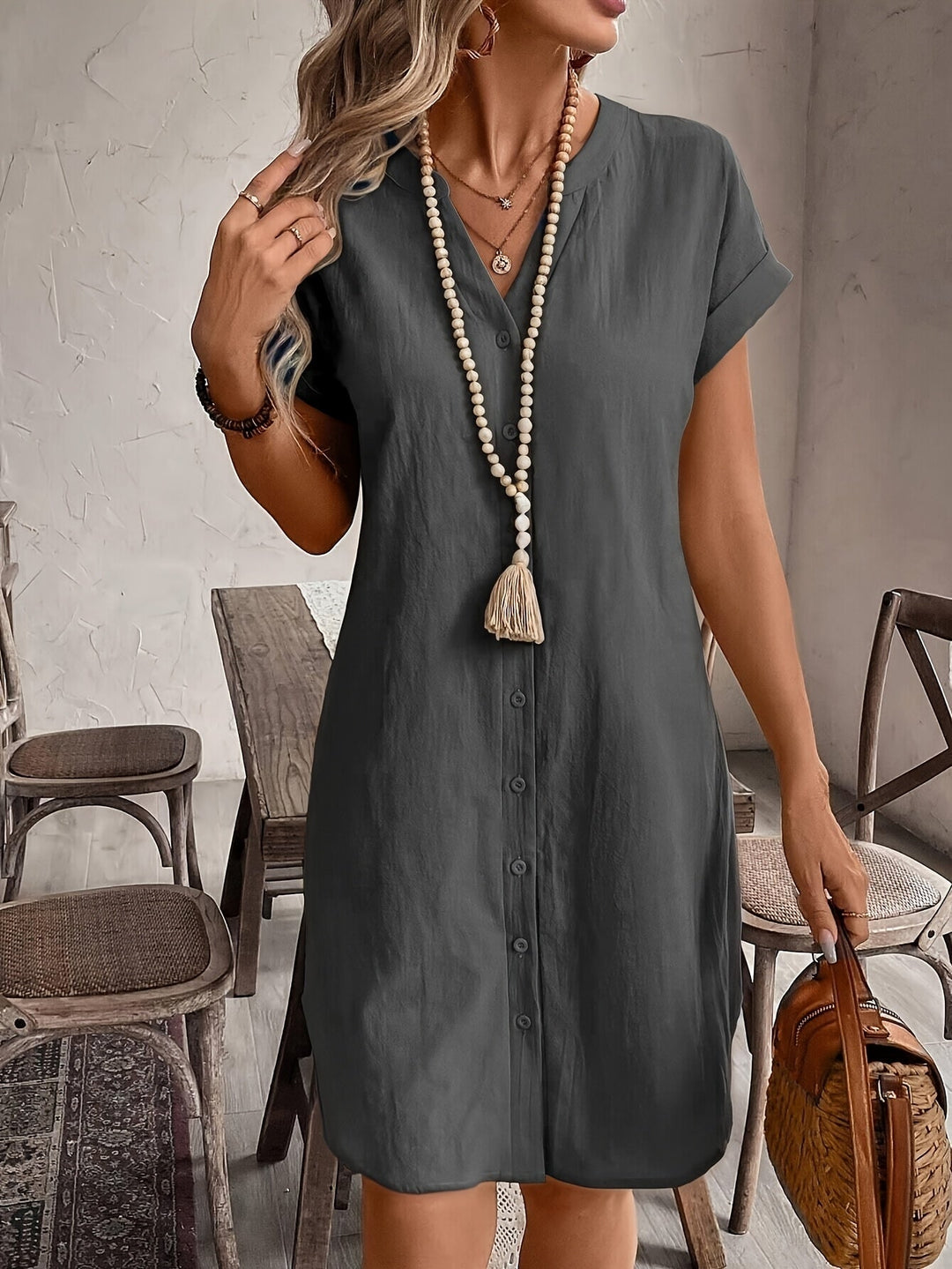 Celine™ Casual Loose Dress with V-Neck and Buttons