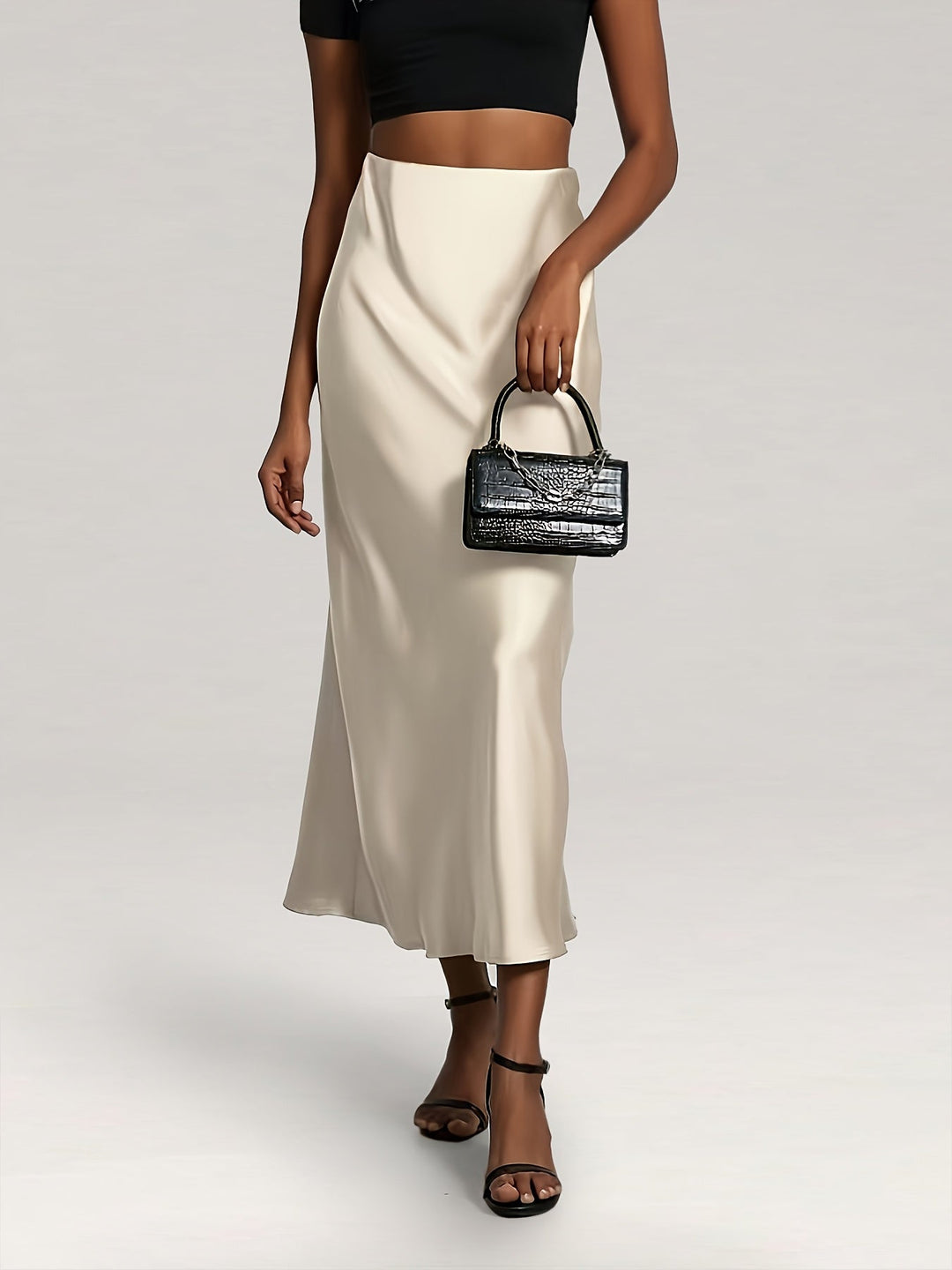 Greya™ High-Waisted Satin Midi Skirt with Elegant Fall