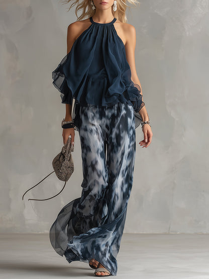 Isolde™ elegant chiffon set with high neck top and printed wide-leg pants