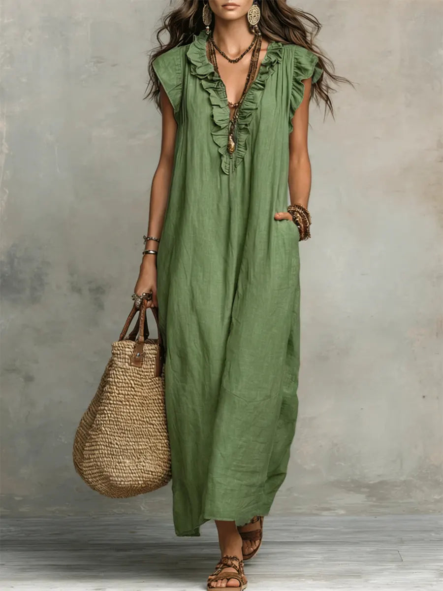 Hadira™ Casual Cotton and Linen Dress with Ruffles and Artistic Style