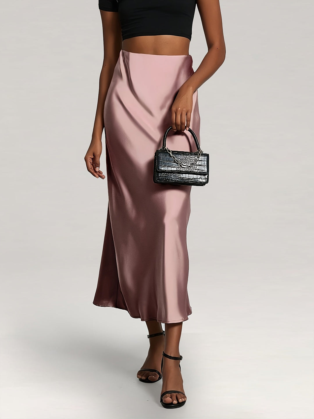 Greya™ High-Waisted Satin Midi Skirt with Elegant Fall