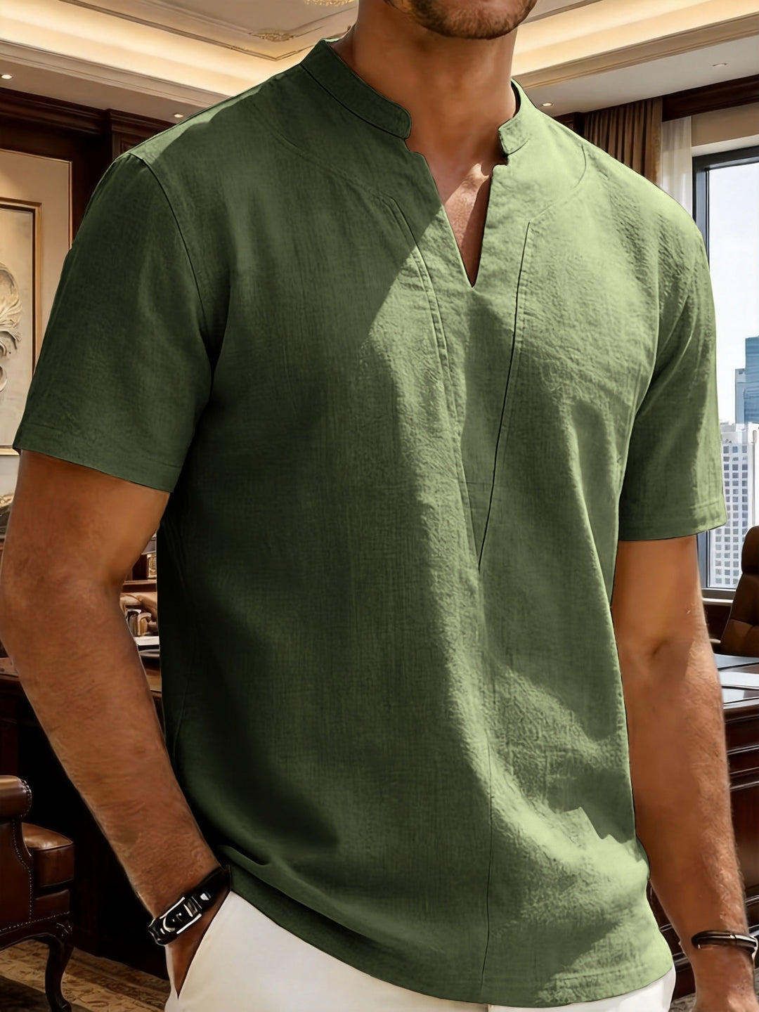 Grexric | Men's Linen Shirt with Mao Collar and Relaxed Fit