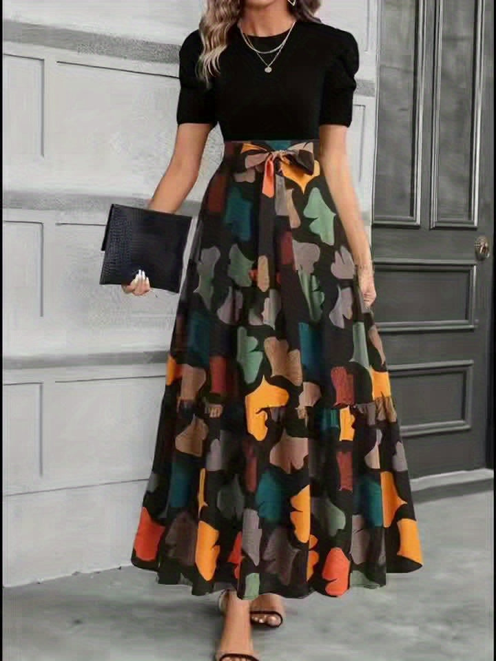 Vanya™ Elegant Midi Dress with Geometric Print and Puff Sleeves