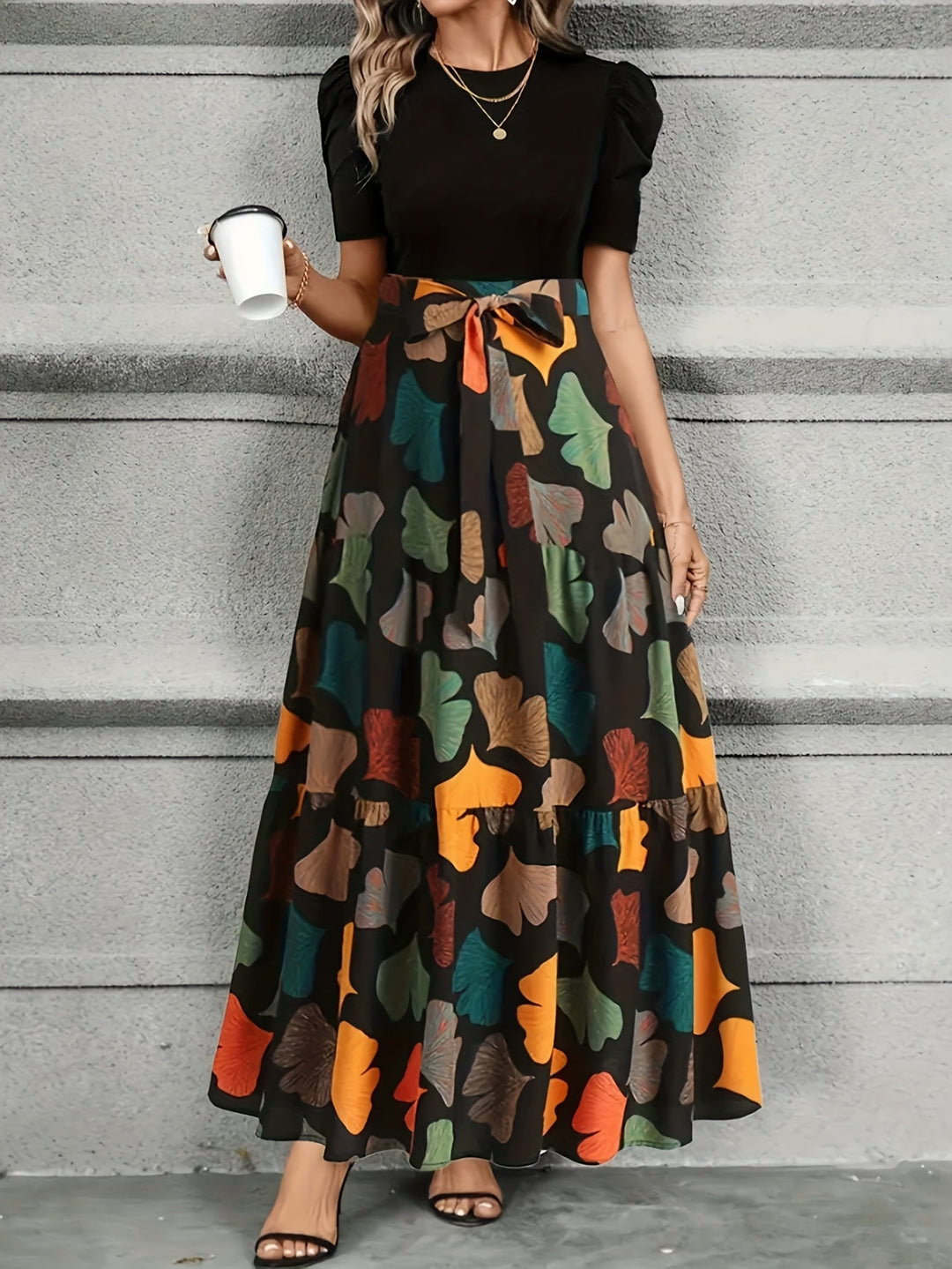 Vanya™ Elegant Midi Dress with Geometric Print and Puff Sleeves