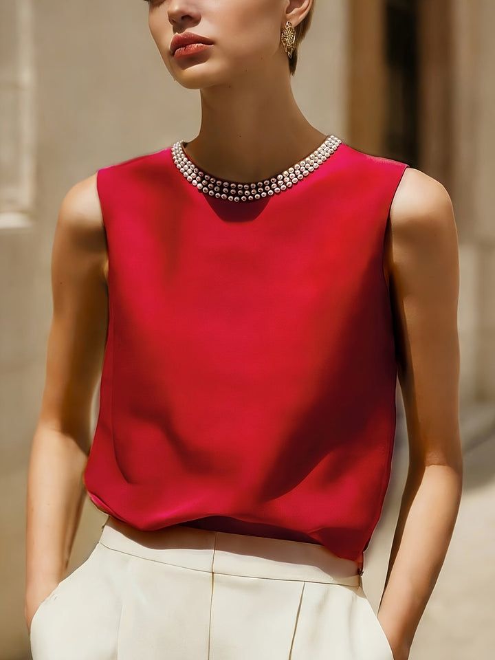 Sythove | Sleeveless Blouse with Decorative Pearls and Elegant Style
