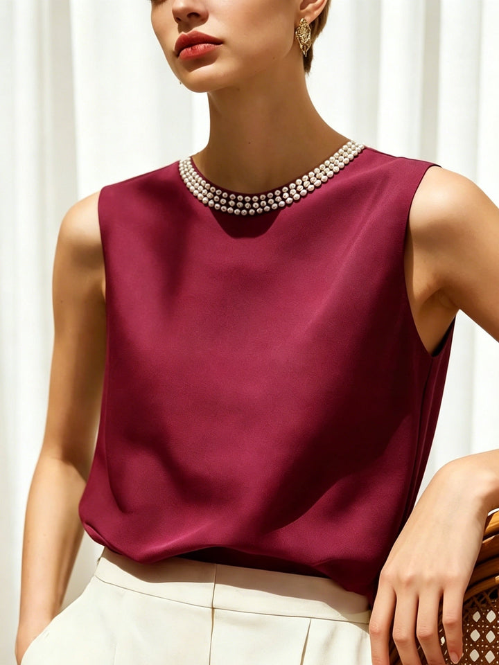 Sythove | Sleeveless Blouse with Decorative Pearls and Elegant Style