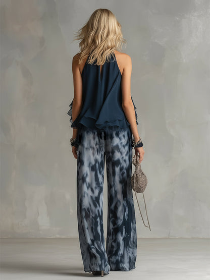 Isolde™ elegant chiffon set with high neck top and printed wide-leg pants