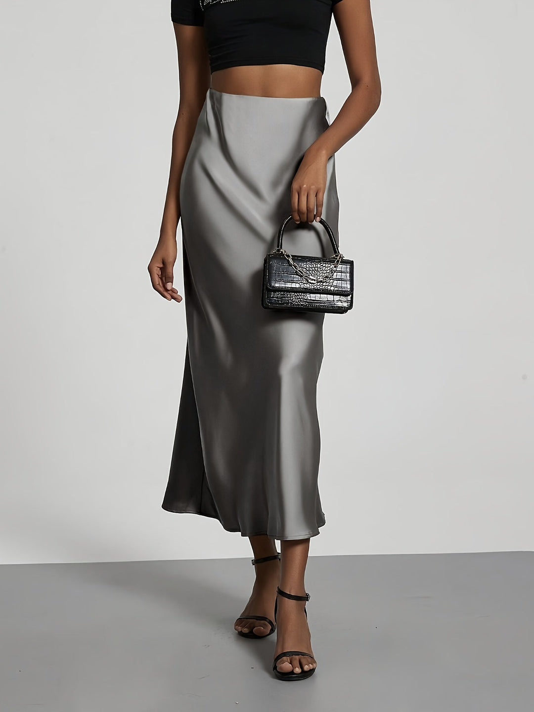 Greya™ High-Waisted Satin Midi Skirt with Elegant Fall