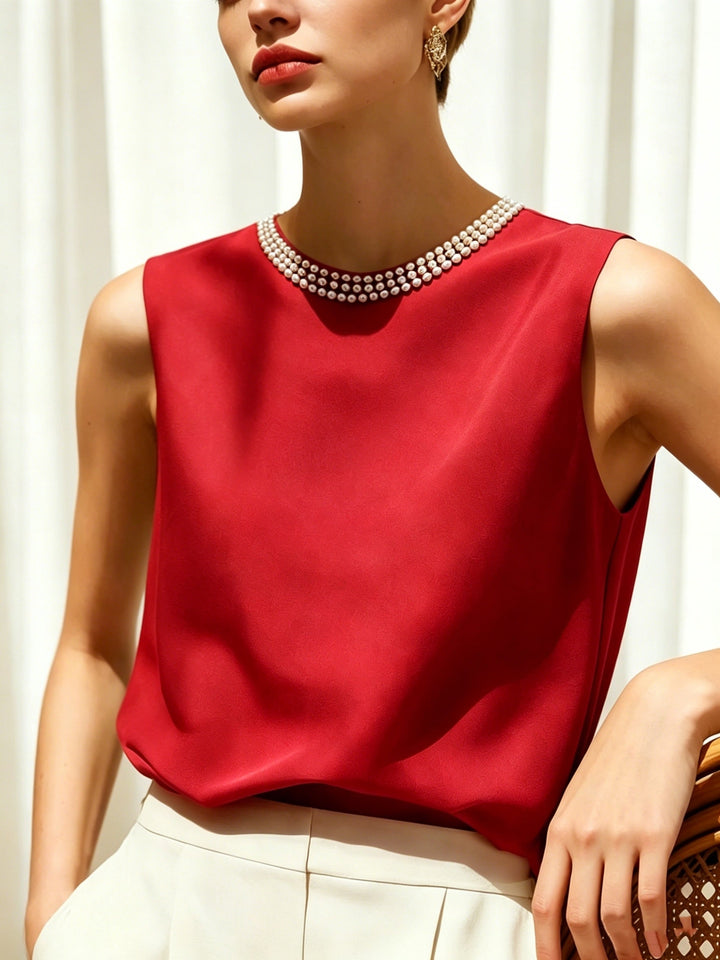 Sythove | Sleeveless Blouse with Decorative Pearls and Elegant Style