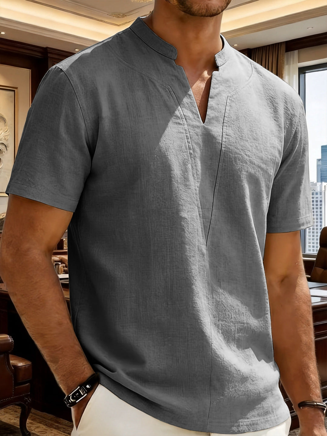 Grexric | Men's Linen Shirt with Mao Collar and Relaxed Fit