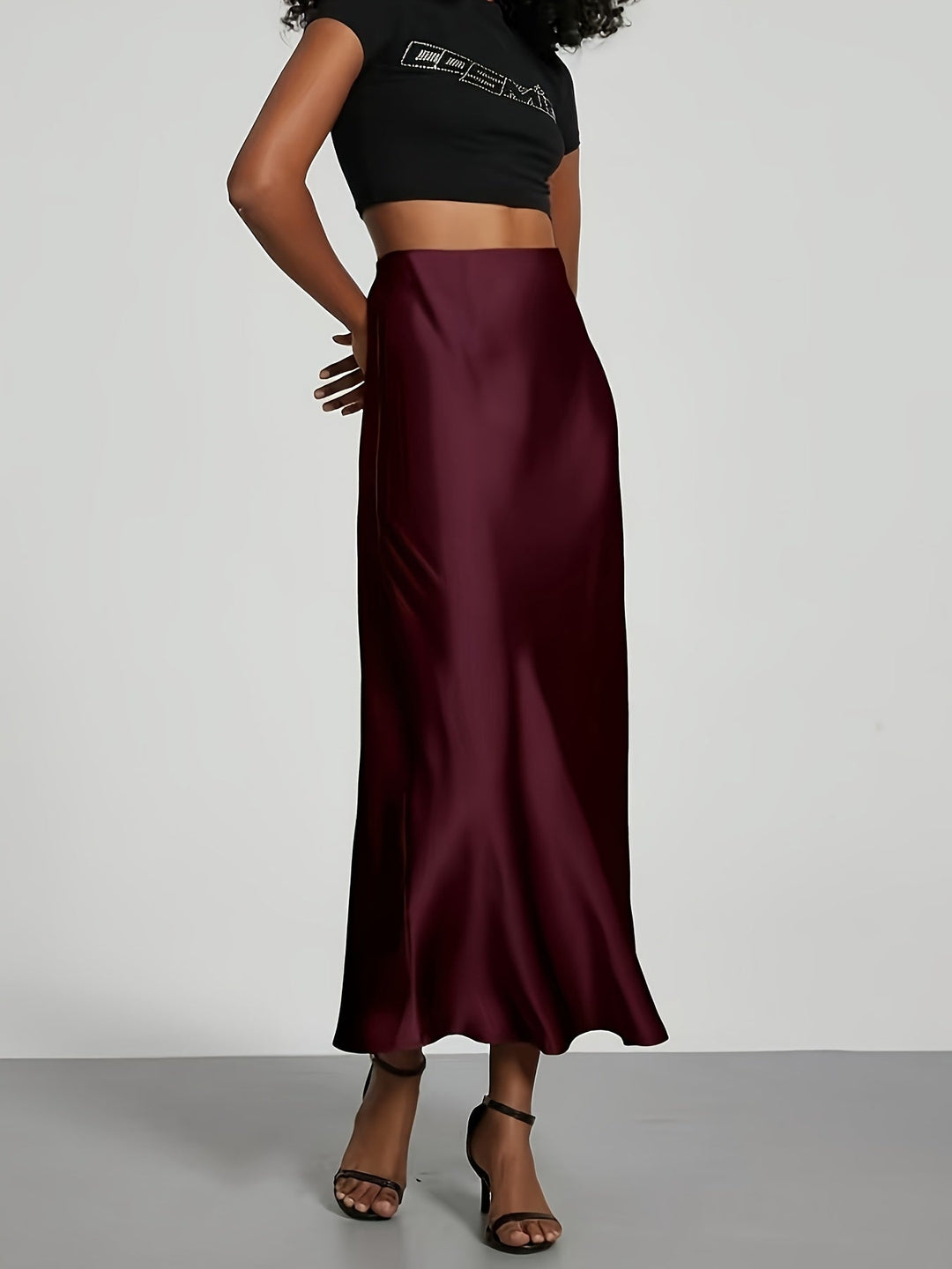 Greya™ High-Waisted Satin Midi Skirt with Elegant Fall