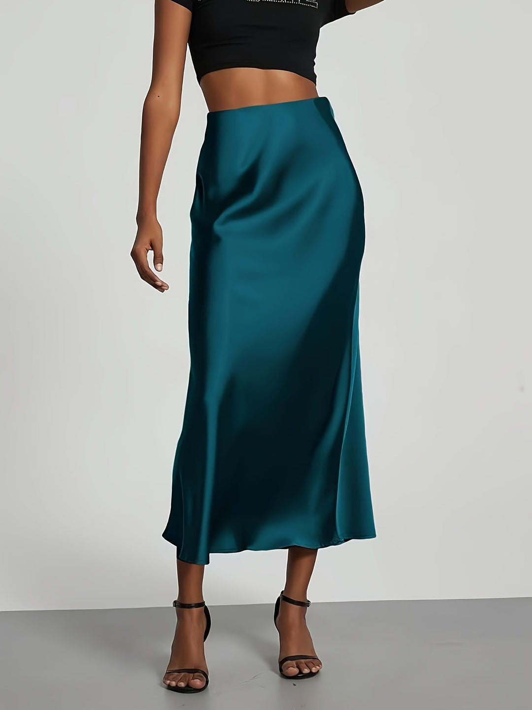 Greya™ High-Waisted Satin Midi Skirt with Elegant Fall