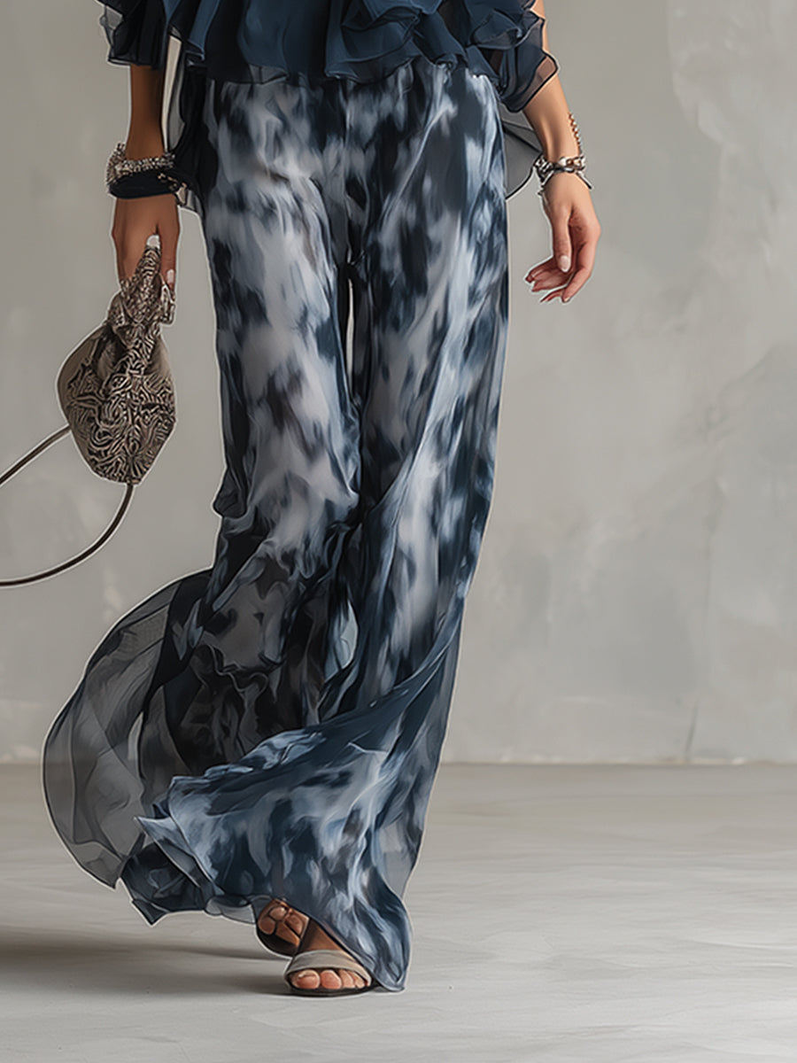 Isolde™ elegant chiffon set with high neck top and printed wide-leg pants