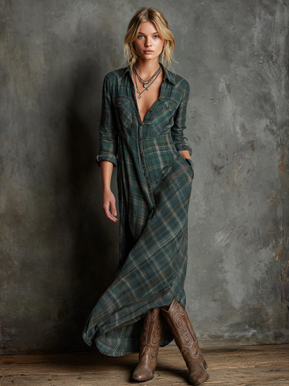 Blayra™ Women's Plaid Shirt Maxi Dress with Lapel