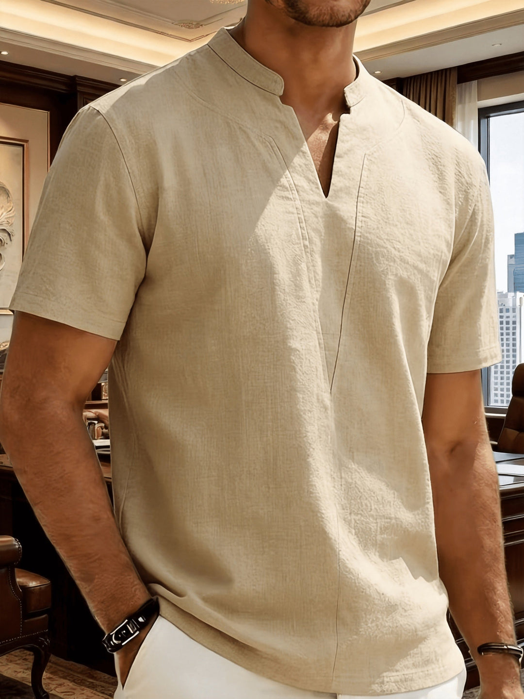 Grexric | Men's Linen Shirt with Mao Collar and Relaxed Fit