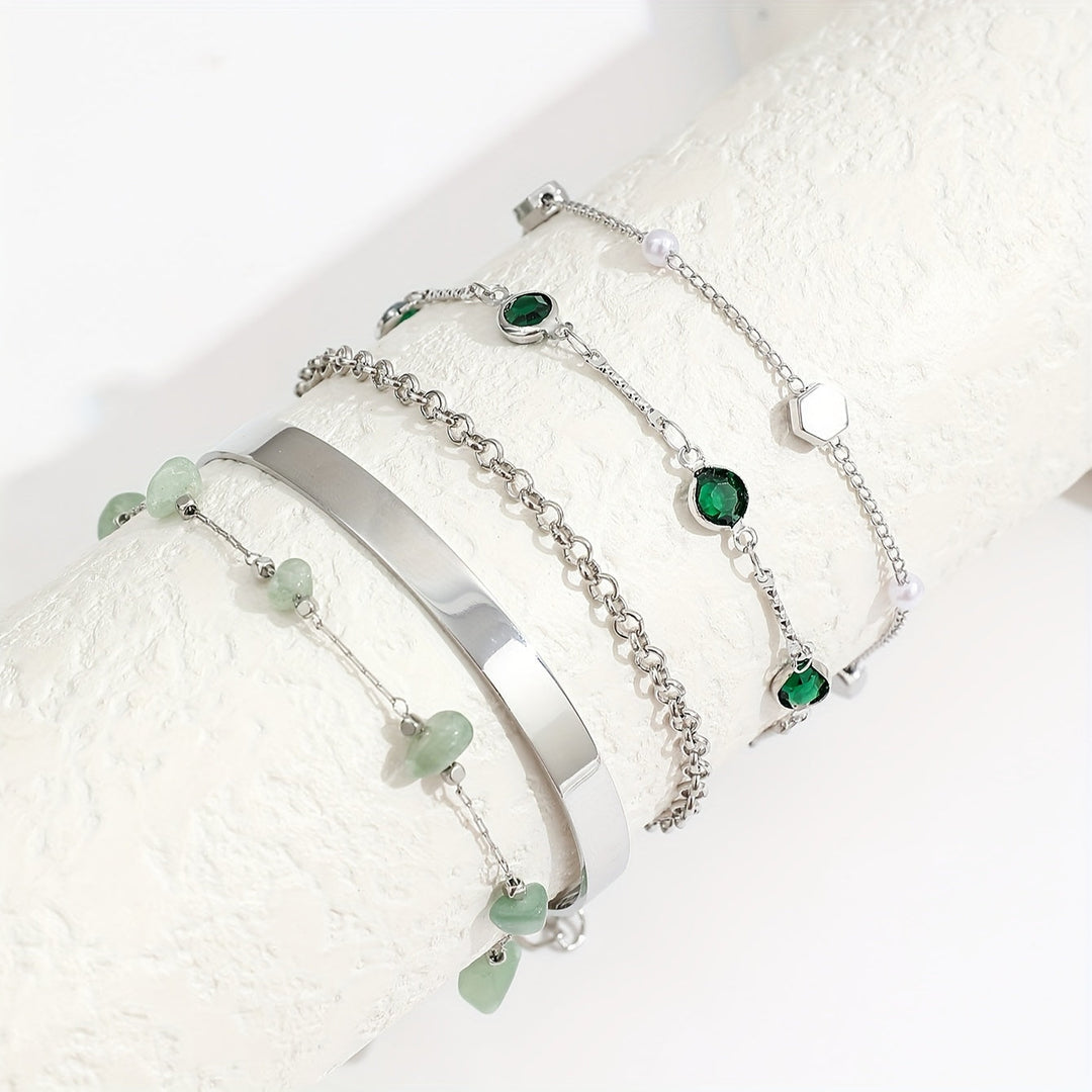 Aethique | Set of 5 Bohemian Bracelets with Green Stones and Vintage Details