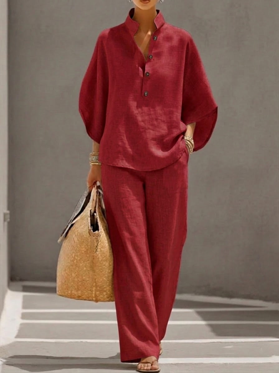 Kinsley™ Cotton and Linen Batwing Sleeve Set with Wide Pants