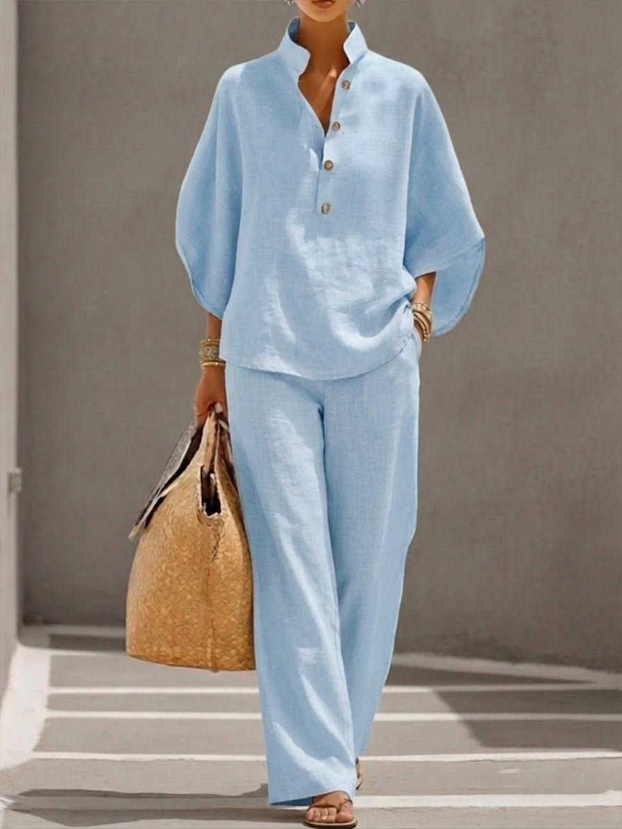 Kinsley™ Cotton and Linen Batwing Sleeve Set with Wide Pants