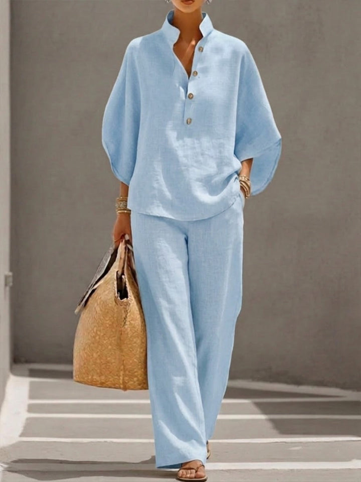 Kinsley™ Cotton and Linen Batwing Sleeve Set with Wide Pants