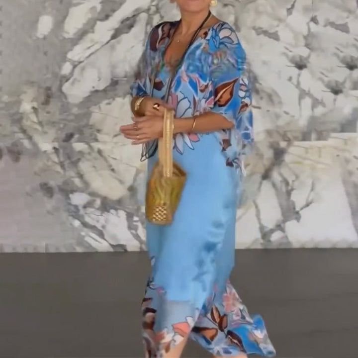 Ione™ Elegant Long Chiffon Dress with Print and V-Neck